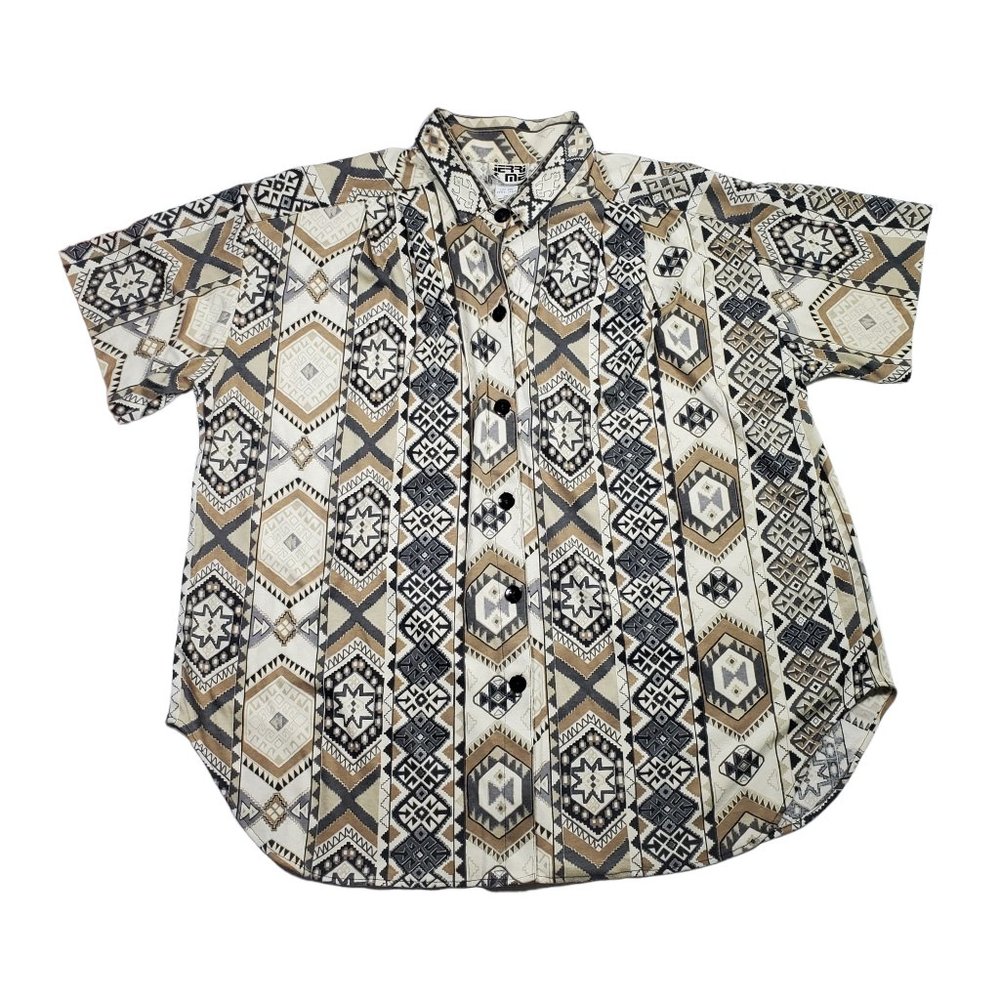 VTG 90s Jerri & Me S/S Button Up Shirt Aztec Tribal Boho Southwest Western Beige